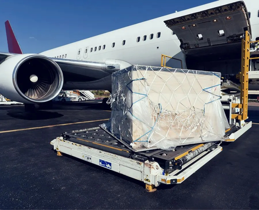 Cargo being loaded onto an air freight aircraft